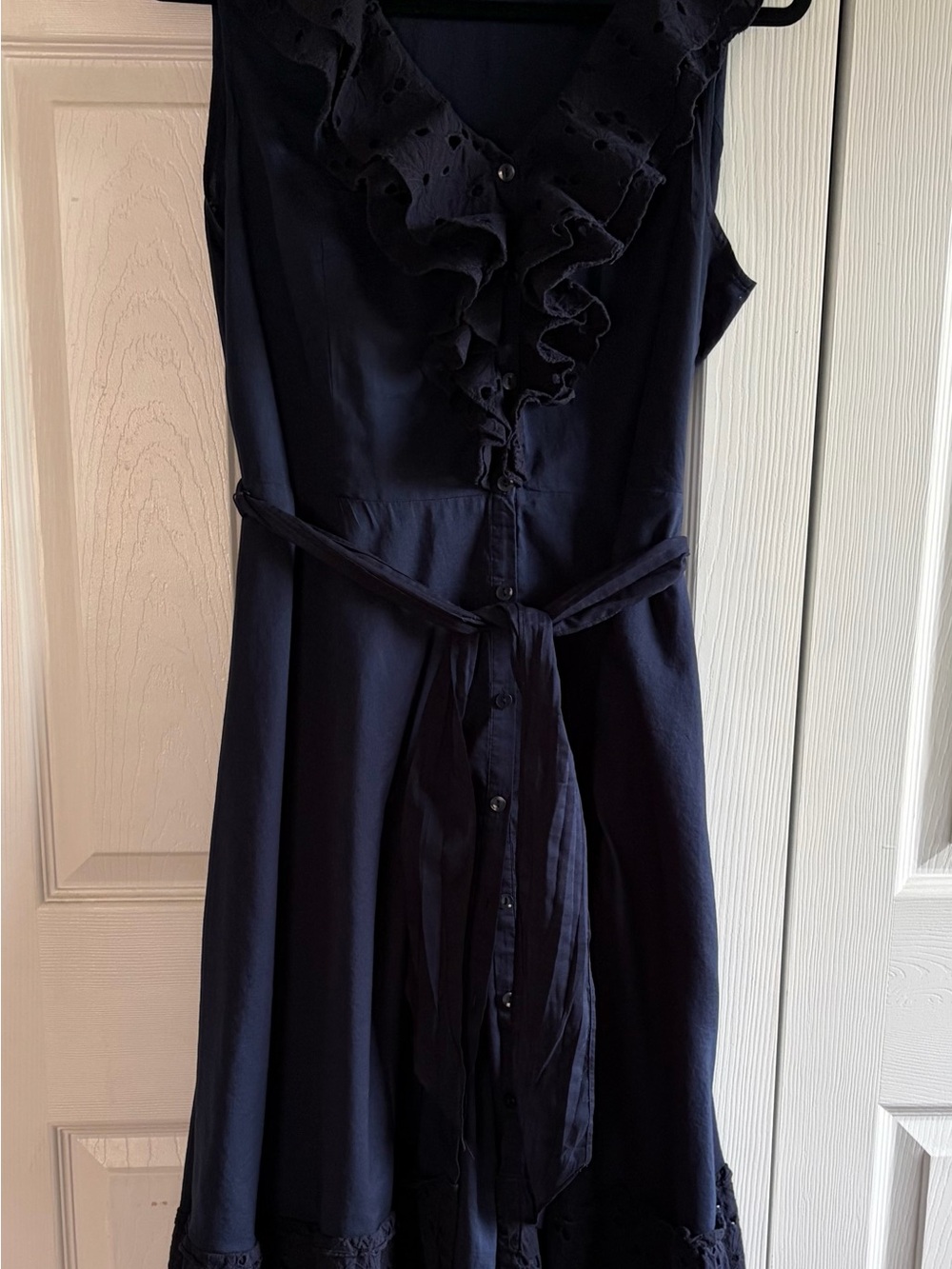 Jones New York Navy Ruffled Sleeveless Belted Dress